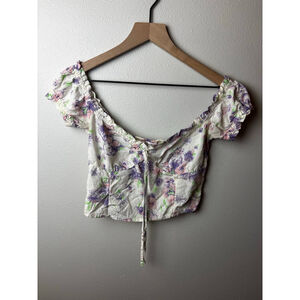 Y2k spring Easter Abound White Purple Floral Off Shoulder Crop Top XS